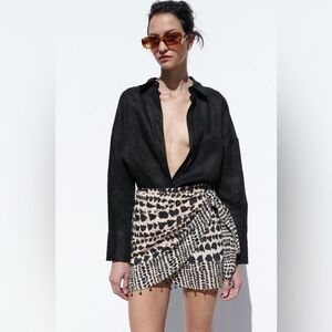 Zara Beaded Printed Wrap Skirt Navy Blue Ecru Size Medium